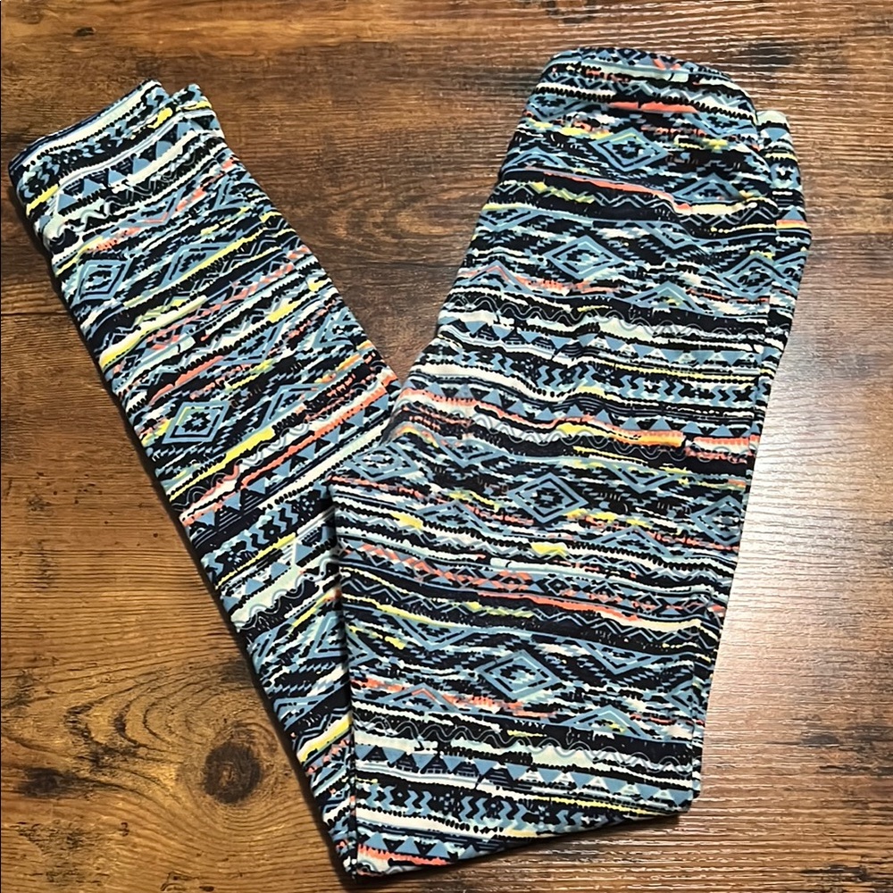 LuLaRoe Black and Blue Leggings with Striped Pattern